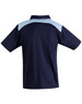 A navy blue polo shirt with a light blue panel on the shoulders and a logo on the back.