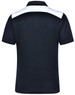 A black polo shirt featuring a white panel on the back. It has a collar and is designed for men.