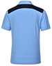 A light blue polo shirt featuring a black back panel and a logo on the chest. Short sleeves and a classic collar design.