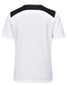 A white polo shirt with black accents on the shoulders and a logo on the back.