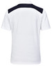 A white men's polo shirt featuring a navy back panel and a logo on the rear.
