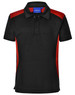 A black polo shirt featuring red side panels and a collar, with a logo on the chest.
