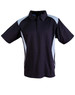 A navy polo shirt with light blue accents and a collar, featuring a logo.