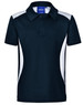 A short-sleeved polo shirt in navy blue with white accents and a collar. It features a logo on the neckline.