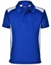 A blue children's polo shirt featuring white side panels and a collar, with a branded logo.