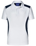 A white polo shirt featuring navy side panels and a collar. It has a branding logo on the neckline.