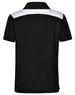 A children's polo shirt in black with a white panel across the shoulders. Features a logo on the front.