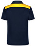A navy blue polo shirt featuring a yellow accent on the back. It has a collar and short sleeves, with a logo.