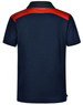 A navy polo shirt with a red shoulder design and a logo on the back. Suitable for children's wear.