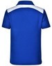 A blue children's polo shirt featuring a white shoulder design and a logo on the back.