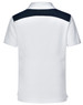 A white children's polo shirt with a navy back panel, featuring a collar and short sleeves. It has a logo.