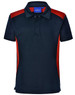 Children's polo shirt in navy with red accents and a logo on the chest. Short sleeves and a collar design.