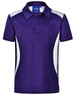 A purple children's polo shirt featuring white accents and a collar, with a logo on the inner label.
