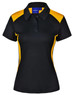 A black and yellow ladies' polo shirt featuring a collar and short sleeves, with a branding logo on the chest.