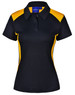 A black polo shirt with yellow side panels and a collar, featuring a logo on the chest.