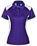 A purple polo shirt with white side panels and a collar, featuring a branding logo on the neck.