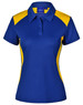 A blue and yellow ladies' polo shirt with a collar and a logo. It features colour-block design on the sides.