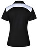 A black ladies' polo shirt with a white accent on the shoulders and a logo on the back.