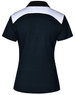 A black and white ladies' polo shirt with a contrasting collar and back design, featuring a logo.
