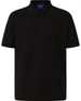 A black men's polo shirt featuring a collar, short sleeves, and a button placket. It has a logo on it.