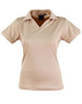A beige ladies' polo shirt with a collared neckline and short sleeves, featuring a logo on the chest.