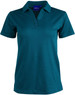 A teal short sleeve polo shirt with a collar and three button placket, featuring a branding logo.