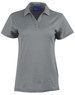 A grey short sleeve polo with a collar and three buttons, featuring a logo on the front.
