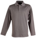 A long sleeve polo shirt in a muted grey colour, featuring a collar and button placket. It has a logo on the chest.