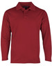 A long sleeve polo shirt in a rich red colour, featuring a collar and three-button placket. It has a logo on the chest.