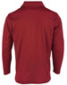A long sleeve polo shirt in a rich red colour, featuring a collar and a back view, with a logo present.