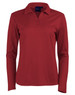 A red long sleeve polo shirt featuring a collar and buttons, with a logo on the chest.