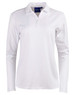 A white long sleeve polo shirt with a collar and buttons, featuring a logo on the front.