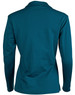A long sleeve polo shirt in teal with a plain back and a collar. It features a logo on the front.