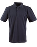 A navy blue men's polo shirt featuring a collared neck and short sleeves, with a logo on the chest.