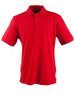 A bright red men's polo shirt featuring a collar, short sleeves, and a logo on the chest.