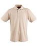 A beige men's polo shirt with a collared neckline and short sleeves, featuring a logo.