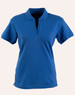 A blue Ladies' Longbeach Polo shirt with a collar and short sleeves. It features a logo on the chest.