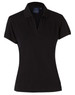 A black ladies' polo shirt with a collared neckline and short sleeves. It features a logo on the chest area.