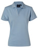 A light blue ladies' polo shirt with a collar and short sleeves, featuring a branding label.