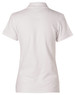 A women's white polo shirt featuring a collar and short sleeves. The shirt has a logo on the back.