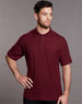 A maroon short sleeve polo shirt with a pocket and a logo on the chest.
