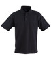 A black pocket short sleeve polo shirt with a collar and a chest pocket, featuring a logo.