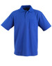 A blue short sleeve polo shirt with a pocket and a logo on the chest area.