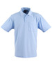 A light blue short sleeve polo shirt with a chest pocket and a logo on the collar.