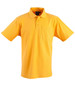A yellow short sleeve polo shirt with a pocket and a logo on the chest area.