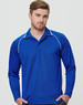 A men's long-sleeve polo shirt in blue with contrasting white detailing and a logo on the chest.