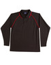 A black long-sleeve polo shirt with red accents and a collar, featuring a logo.