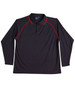 A long-sleeve black polo shirt with red detailing and a collar. It features a logo on the chest area.