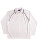 A white long-sleeve polo shirt with black piping and a collar. The shirt features a logo.