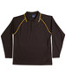 A brown long-sleeve polo shirt with yellow piping and a branding logo. Suitable for kids.